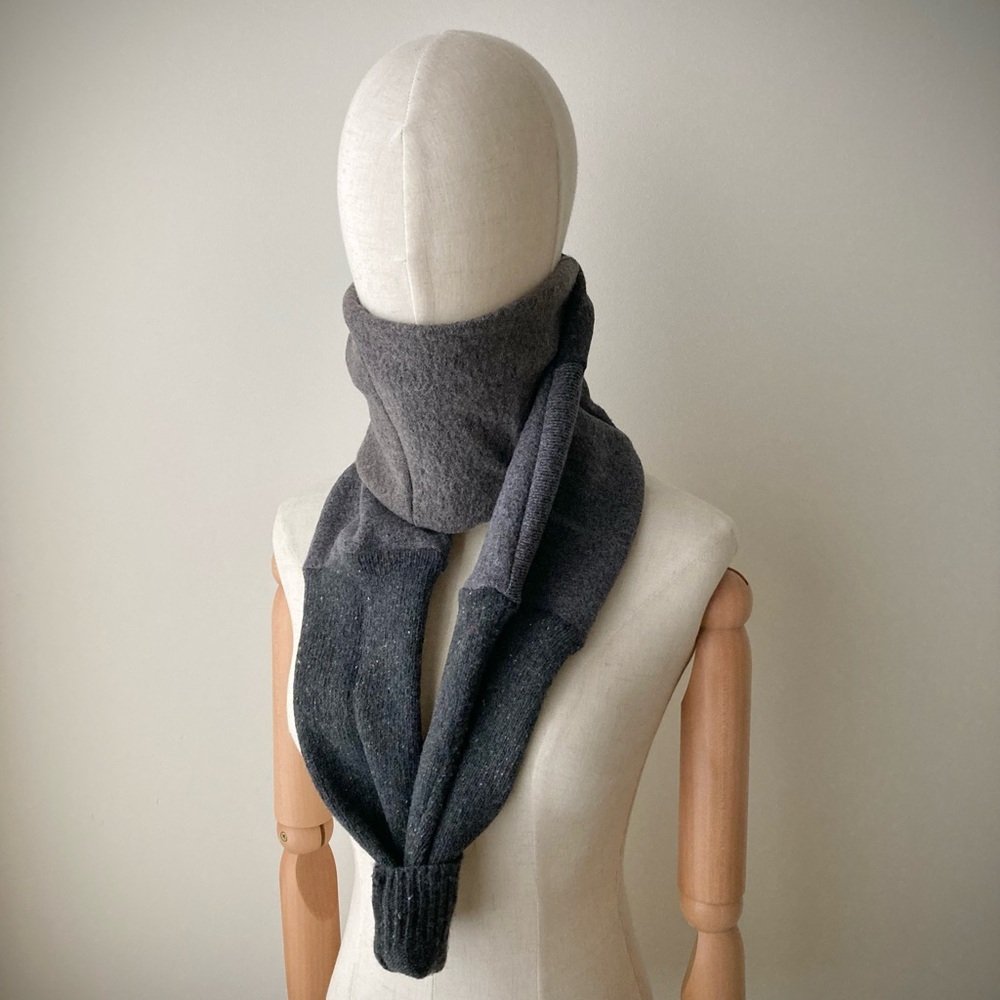 joodito 100% wool sweater wrap scarf japanese boro patchwork muffler winter gray - Picture 3 of 12